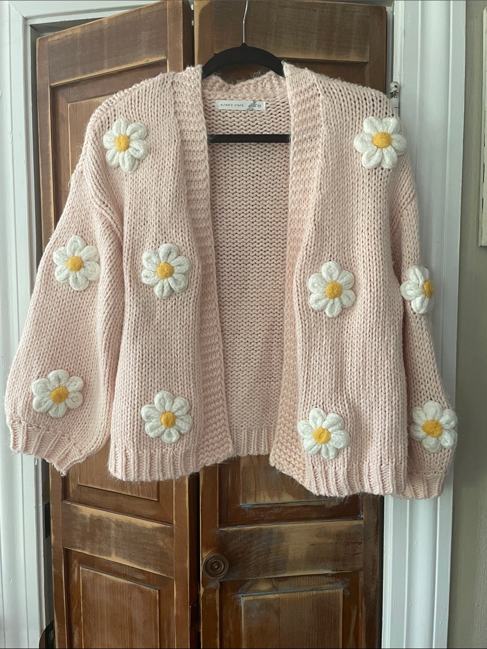 Blush Pink Daisy Appliqué Open-Front Cardigan